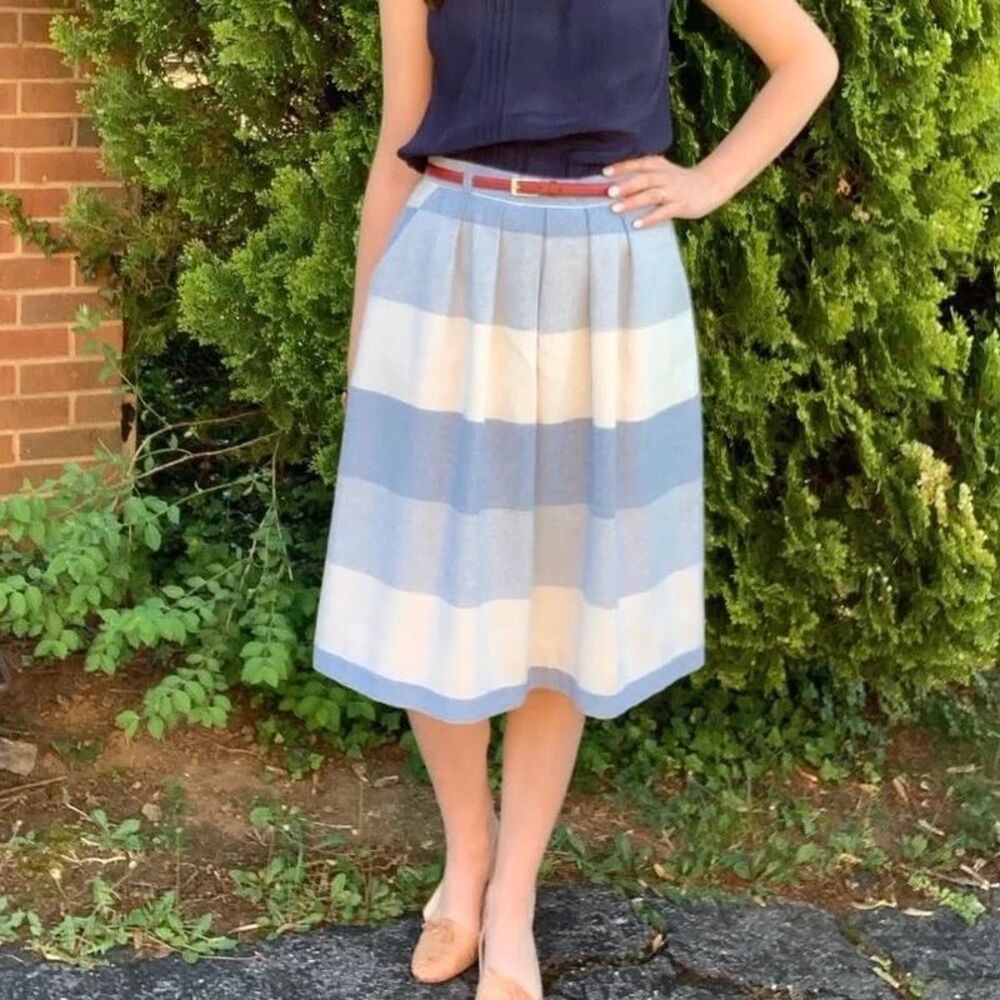 VTG 70s JCPenney Fashions Skirt Womens S-M Blue Cream Block Stripe Pleated Midi